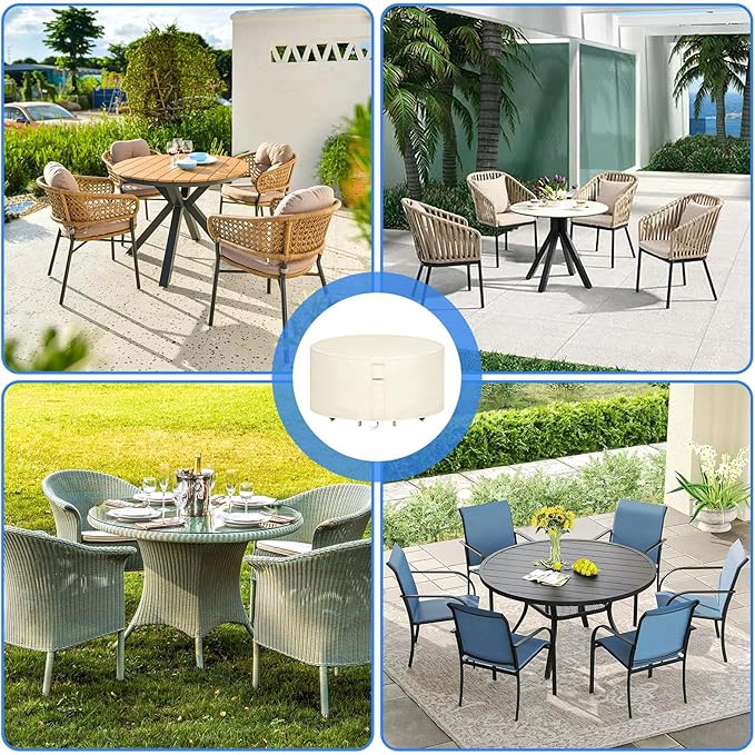 Round Patio Furniture Covers Waterproof, 84 Inch Outdoor High Round Table Cover, Tall Bar Height Outside Table and Chairs Set Covers for Winter, Rainproof Fadeproof - 84"Dia x 36"H, Beige