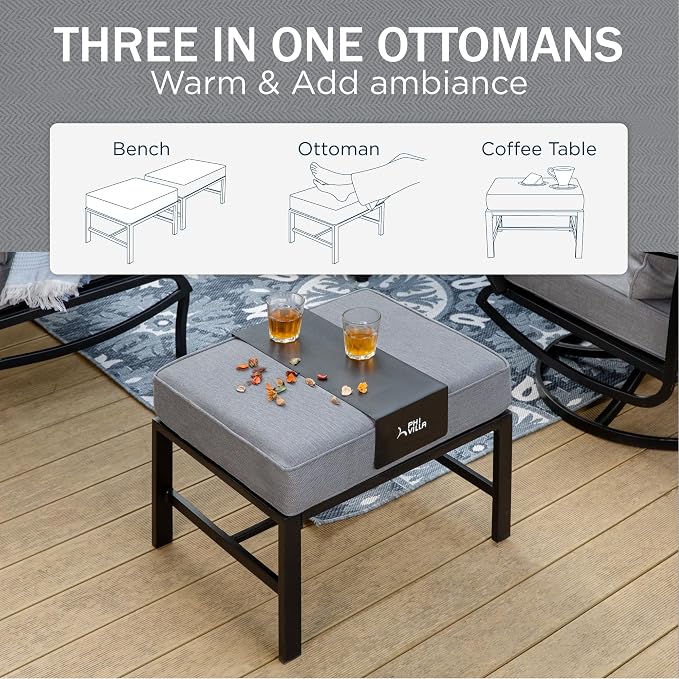 PHI VILLA 5 PCS Patio Furniture Set,Metal Deluxe Patio Set with 1 x 3 Seater Deep Seating Bench, 2 x Swivel Sofa Chairs & 2 x Metal Cushioned Ottoman, Outdoor Patio Set for Garden, Grey