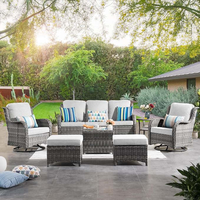 ovios 7 Pieces Patio Furniture Set with Swivel Rocking Chairs, Outdoor Wicker Sofa Couch Glass Coffee Table, All Weather High Back Modern Conversation Set, Grey Rattan, Grey