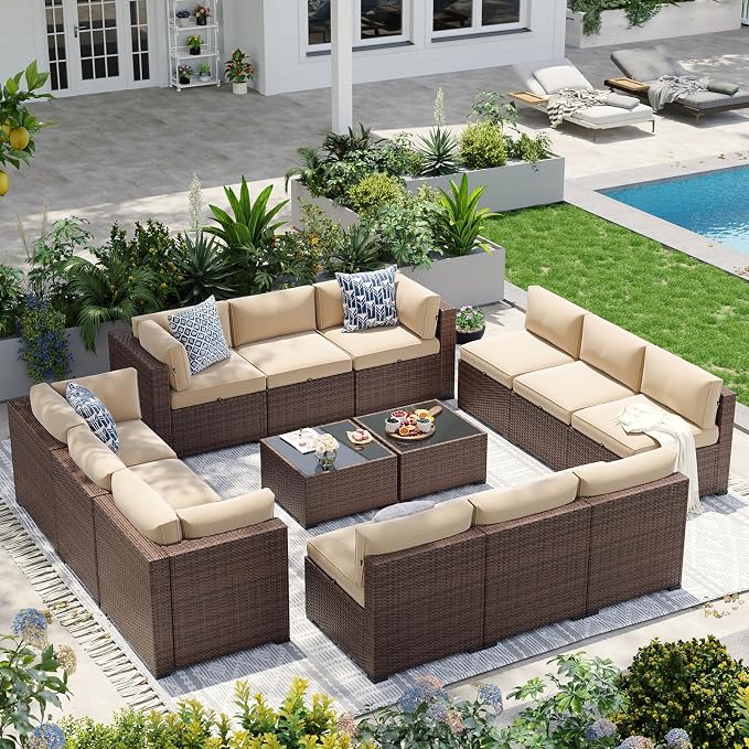 Aoxun Patio Furniture Sets, 14-Piece Outdoor Patio Furniture with 44'' Propane Gas Firepit Table, Wicker Outdoor Conversation Set Sectional Sofa for Backyard, Poolside, Garden