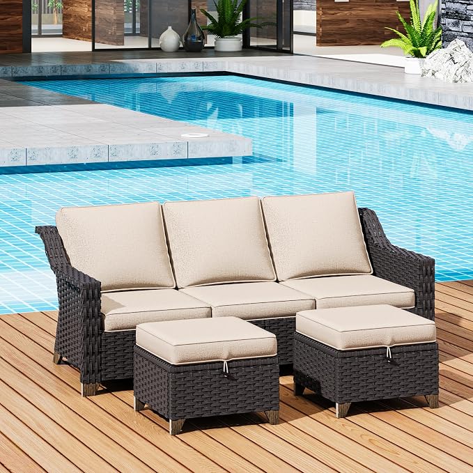 3 Pieces Outdoor Conversation Furniture Set - 77" Patio Sofa, 2 Rattan Wicker Ottomans, Patio Wicker Couch Set with Water-Resistant and Washable Cushions for Sunroom, Deck, Porch (Beige)