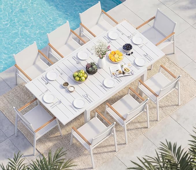 Outdoor Aluminum Patio Dining Table Set for 8 Person, Expandable Outdoor Table and 8 Chairs with Textilene Fabric & HDPS Armrest, All-Weather Patio Furniture Set for Yard, Garden, White