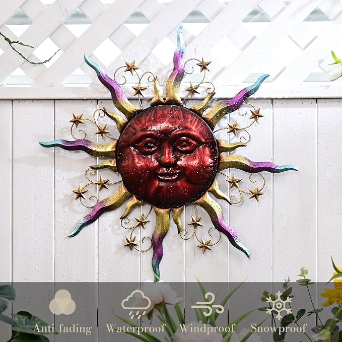 TERESA'S COLLECTIONS Outdoor Sun Metal Wall Art for Outdoor Decor,21" Red Sun Face 3D Wall Decor for Garden Decor,Rustic Retro Hanging Sculpture for Outside indoor Home Patio Farmhouse Gifts for Mom