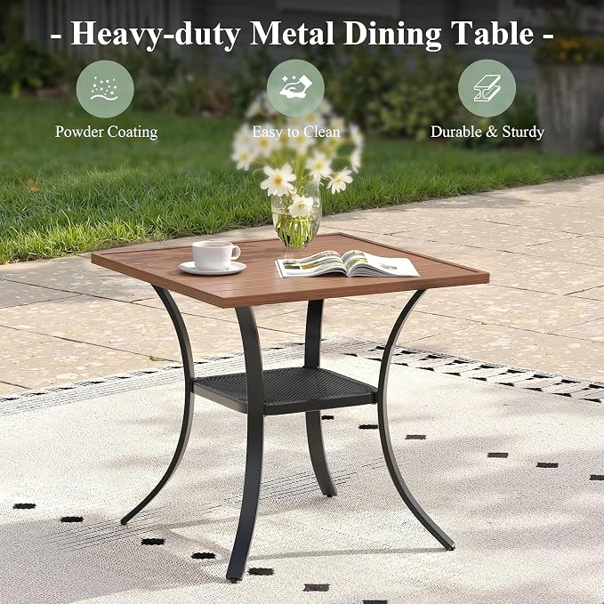 Outdoor Dining Set for 2, 28" Metal Square Outdoor Dining Table and Padded Textilene Patio Swivel Chairs, 3 Pieces Patio Table and Chairs Set for Garden Backyard, Mixed Brown and Walnut