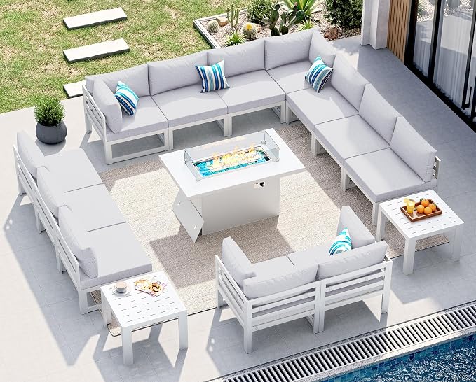 NICESOUL 15 Piece Aluminum Patio Furniture Set with Fire Pit Table & Side Tables, 500lbs Heavy Duty Outdoor Sectional Sofa, L-Shaped 29" Deep Seating Conversation Set for Backyard Garden, Light Gray
