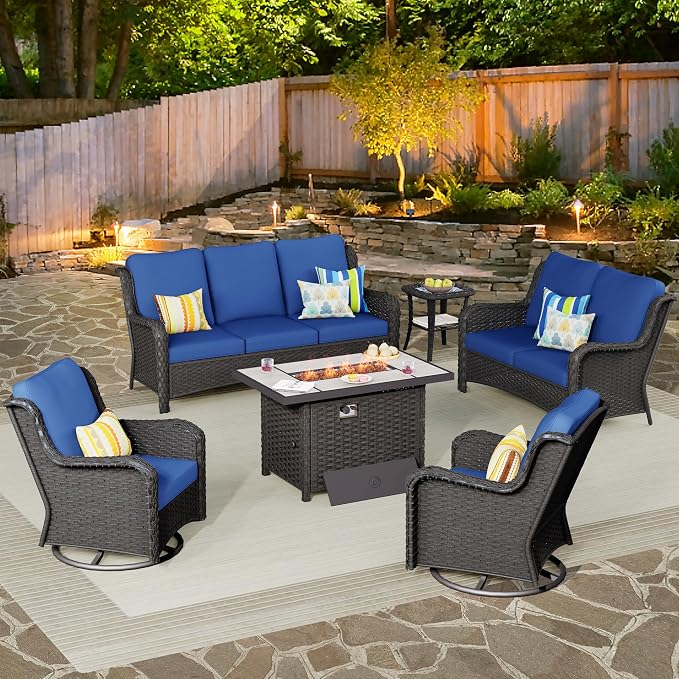 ovios 6 Pieces Patio Furniture Set with 42 inch Fire Pit Table, Outdoor Wicker Sofa Couch Loveseat, Swivel Rocking Glider Chairs, Modern Conversation Set, Brown Rattan, Navy Blue