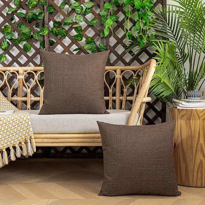 Kevin Textile Outdoor Waterproof 26”x26” Pillow Covers 2 Pack, Brown | Water Resistant, Soft Faux Linen-cotton Yarn-dyed Woven Texture Throw Pillow Covers for Tent Patio Garden Couch Sofa