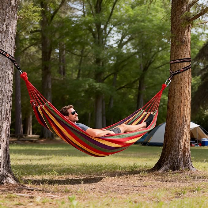 Outdoor Amaca Camping Hammocks for Yard Backyard Travel para Patios Garden | Hammock Cotton Canvas fabric Portable Amacas Carrying Bag for stand Porch outside 300 Lbs Maximum Weight Capacity
