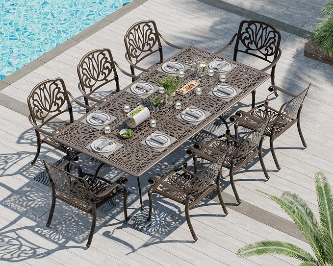 TITIMO 9-Piece Cast Aluminum Patio Furniture Set, Outdoor Patio Dining Set Bistro Conversation Set, All-Weather Rectangular Dining Table Set w/Umbrella Hole (Bronze-Fixed Elizabeth Chair, 9 Pcs)