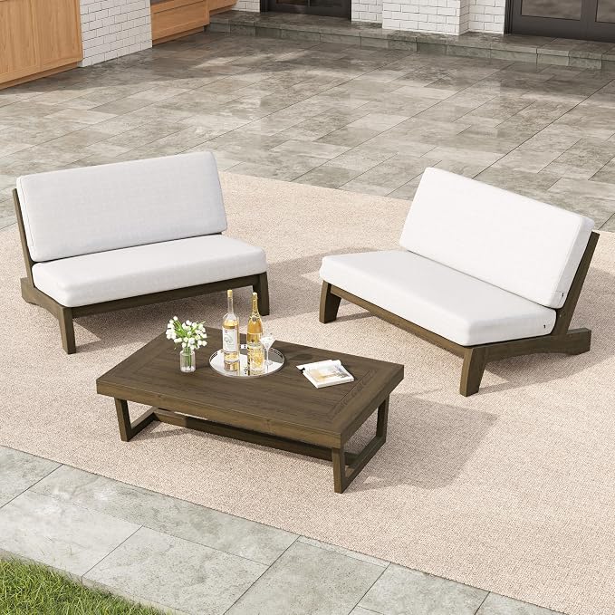 3 Pieces Patio Furniture Sets, All-Weather Outdoor Wood Bistro Set Patio Conversation Coffee Table Chiars and Patio Loveseat for Balcony, Backyard