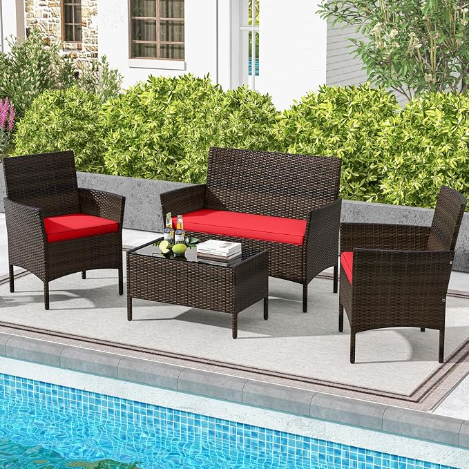 DORTALA Wicker Patio Furniture Set 4 Piece, Outdoor PE Rattan Table & Chairs Set with Tempered Glass Coffee Table, Loveseat, Cushions, Conversation Set for Balcony, Porch, Backyard, Deck, Red