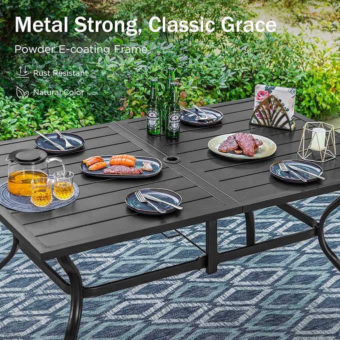 PHI VILLA Patio Dining Set, Swivel Chairs, Metal Table | Metal chairs, Blue Cushion, Umbrella Hole, Cushions, E-coated
