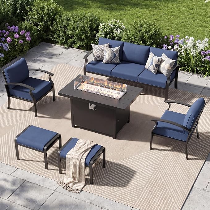 Aluminum Patio Furniture Set with Fire Pit Table, 7 Seats Outdoor Patio Conversation Sets with Ottomans, Modern Metal Patio Sectional Sofa with Upgrade Cushions for Patio, Backyard, Deck - Blue