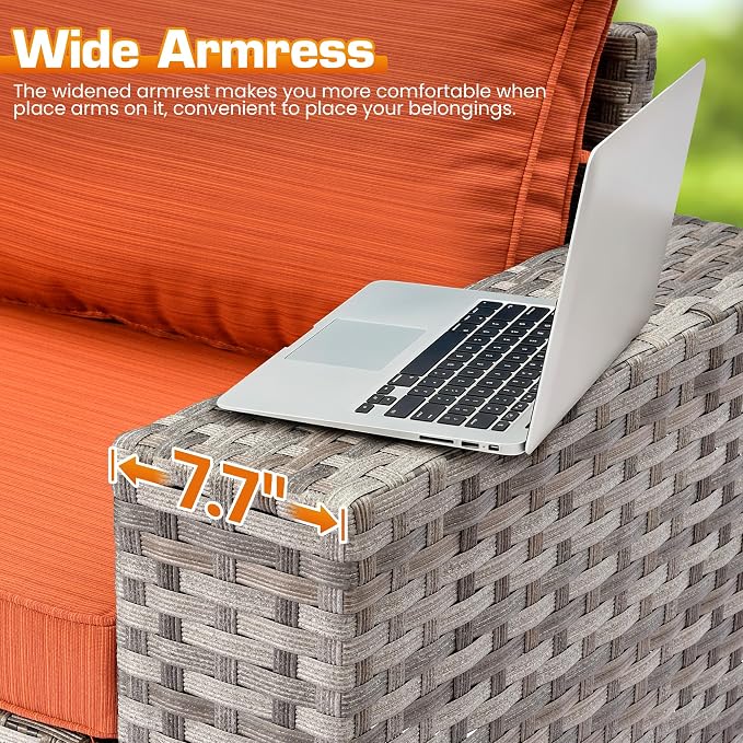 6 Pieces Patio Furniture Set, Outdoor Wicker Sectional Sofa with 7.7" Extra Wide Armrests, Modern Rattan Modular Conversation Set with Thickened Deep Seat Cushions for Garden, Backyard, Orange-Red