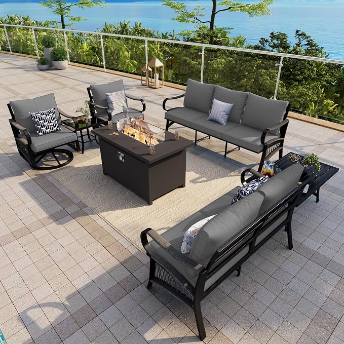 7-Piece Outdoor Furniture Set, Metal Swivel Rocking Chairs with All-Weather Cushions, Patio Conversation Set with Fire Pit Table for Deck, Porch, Garden, Backyard, Poolside (Gray Cushions)