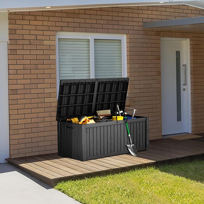 200 Gallon Waterproof Large Resin Deck Box Indoor Outdoor Lockable Storage Container for Patio Furniture Cushions Garden Tools, Black