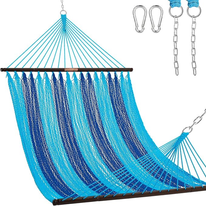 Lazy Daze Hammocks 10.5 FT Double 2 Person Caribbean Rope Hammock, Hand Woven Polyester Hammock with Spreader Bars, for Outside Outdoor Backyard Patio Poolside, 450 LBS Capacity, Blue/SkyBlue