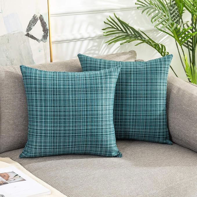 Kevin Textile Outdoor Waterproof 16x16 Inch Pillow Covers 2 Pack, Teal | Water Resistant, Faux Linen Yarn-dyed, Woven Texture Throw Pillow Covers for Tent Patio Garden Couch Sofa