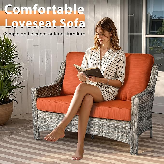 6 PCS Outdoor Patio Furniture Sets,Patio Conversation Sets Outside Rattan Soft Cushion Sofa with 2 Wicker Rocking Chairs & 54 in Fire Pit Table Fit Backyard Garden Poolside Balcony,Coarse Stripes Red