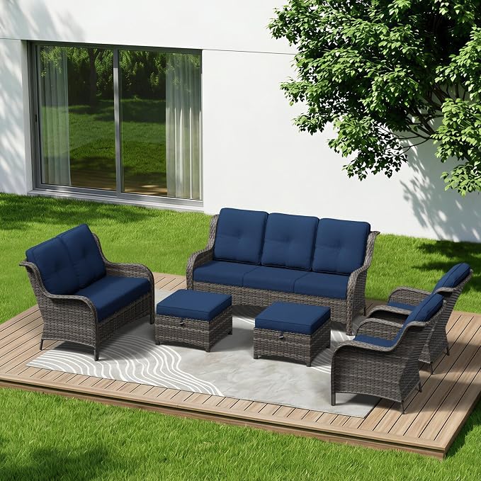 6 Piece Outdoor Wicker Patio Furniture Set, Patio Chairs Set with Thickened Olefin Cushions, High Back and Deep Seating, Hand-Woven PE Rattan, Ottoman for Porch, Deck