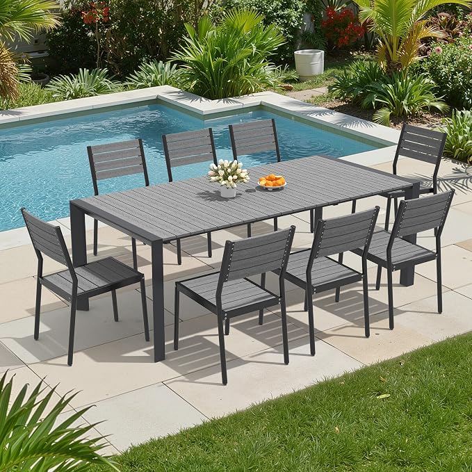9 Pieces Outdoor Dining Set, 83" Patio Table and Stackable Chairs | All-Weather Aluminum Frame Adjustable Umbrella Hole & WPC for Garden, Patio, Backyard (Grey)