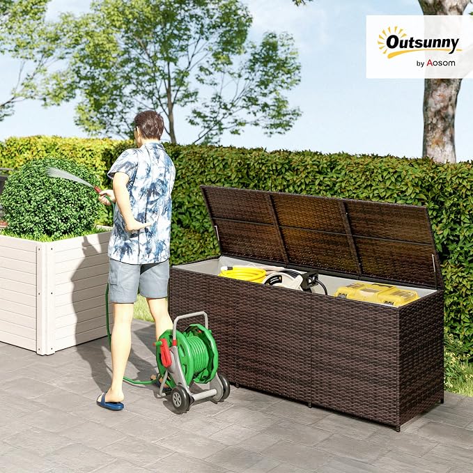 Outsunny 175 Gallon Outdoor Storage Box with Inner Liner, PE Rattan Wicker Deck Box with Pneumatic Bar Lift for Indoor & Outdoor, Patio Furniture Cushions, Pool Supplies, Garden Tools, Mixed Brown