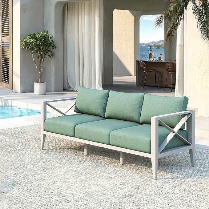 Outdoor Patio Sofa 3 Seat Couch with Cushions, Aluminum Patio Furniture Deep Seating Outdoor Couch for Backyard Deck Garden Conversation Area