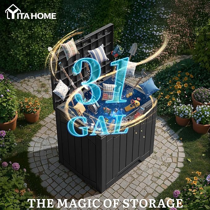 YITAHOME Outdoor Resin Storage Box 31 Gal, Water-resistant Patio Deck Box Outdoor Storage Box for Pillows, Garden Equipment, Securely Lockable, Black