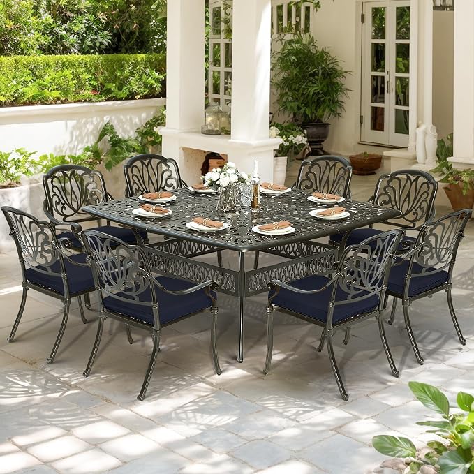 9-Piece Patio Cast Aluminum Dining Set, All-Weather Outdoor Dining Set for 8, Includes 64" Square Table and 8 Cushioned Chairs with Umbrella Hole for Patio Deck Garden, Navy Blue