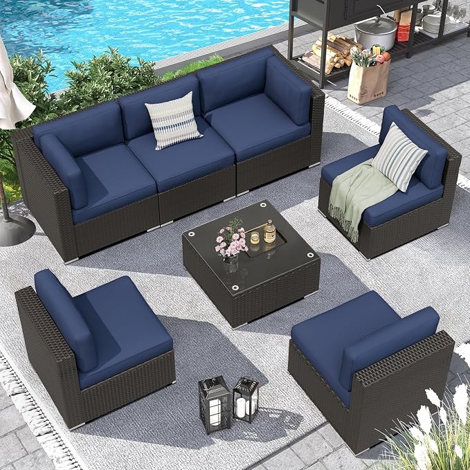Incbruce Outdoor Patio Furniture Set 7-Piece All-Weather Sectional Sofa Outside Couch, Manual Weaving Wicker Rattan Conversation Set with Glass Top Table and Removable Cushions(Dark Blue)