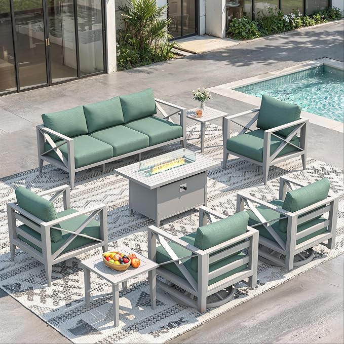 Aluminum Outdoor Patio Furniture Set with Swivel Chairs,10-Piece Outdoor Sectional with 5.2" Thick Cushions, Patio Conversation Sets with Plus Fire Pit for Backyard,(White,7 Seats)