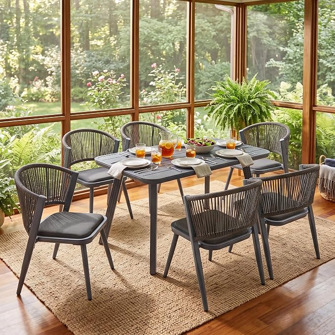 7-Pcs Aluminum Outdoor Dining Set, All-Weather Rattan Patio Furniture Set Include 51.2" Rectangular Table & 6 PE Wicker Chairs with Waterproof Cushions for Family Meals on Balcony Backyard Deck (Grey)