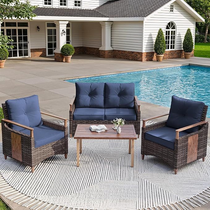 NestNook 4 Pieces Patio Furniture Set, Outdoor Conversation Set with All-Weather Handwoven PE Wicker Sofa, Rattan Chairs and Thick Cushion, Loveseat & Coffee Table for Backyard, Deck & Poolside, Blue