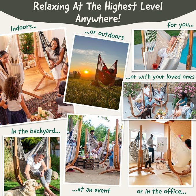 LA SIESTA Udine Outdoor Hammock Chair Set with freestanding Wooden Stand, Double-Size Weather-Resistant Hammock Chair with FSC-Certified Eucalyptus Wood Stand - Toucan
