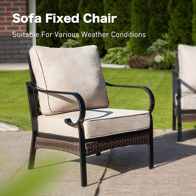 SUNSHINE VALLEY 6 Piece Metal Outdoor Patio Furniture Sets, Patio Conversation Sets 1 3-Seater Sofa, 4 Single Sofa with 5.75" Extra Thick Cushion & Coffee Table, Black Frame Backyard Furniture, Beige