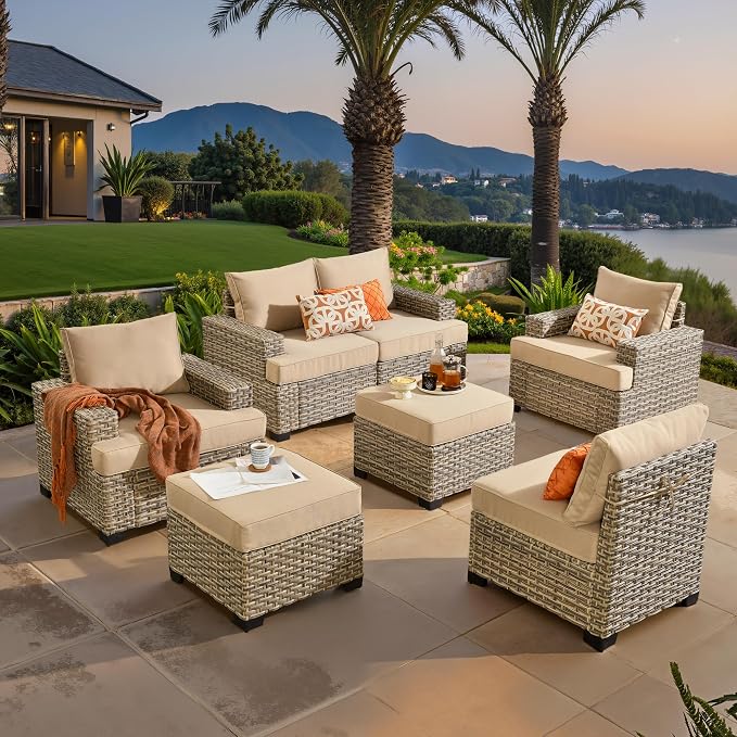 ovios 7 Piece Patio Sectional Furniture, Rattan Wicker Coversation Couch Set, Outdoor Sofa Set for Outside Porch Balcony Backyard Pool,Beige