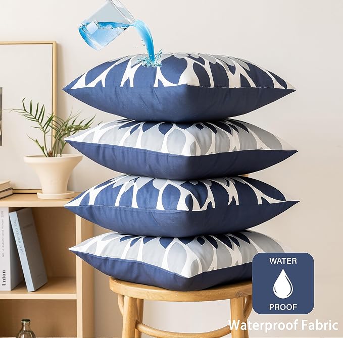 Pack of 4 Outdoor Waterproof Pillow Covers 16x16 Decorative Outdoor Throw Pillows Garden Square Cushion Cases for Patio Furniture, Couch, Tent Sunbrella, Bench, Navy Blue Grey