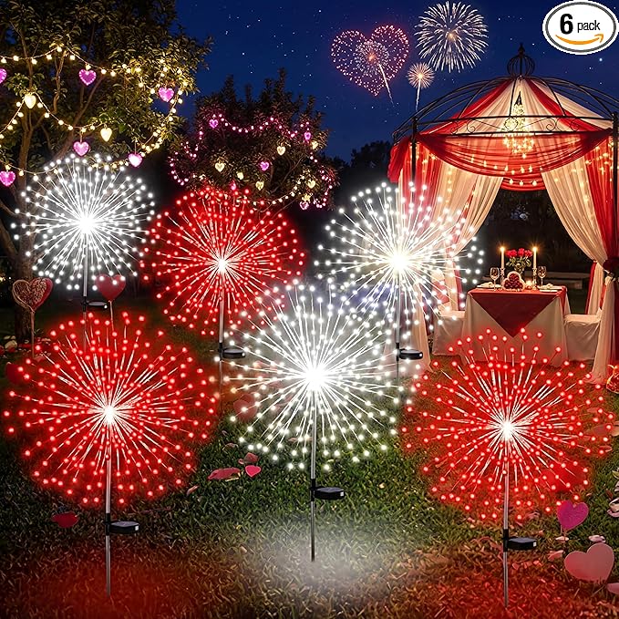 Tujoe 6 Pcs Solar Firework Stake Lights 180 LED 8 Modes Solar Waterproof LED Sparkler Lights Outdoor Decoration for Wedding Mother's Day Garden Patio Yard Pathway Walkway Lawn (Red, White)
