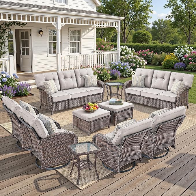 10-Piece Wicker Patio Furniture Set with 5-Inch Thick Cushions Weather Resistant Rattan High Back Swivel Rocker Chairs Senior Friendly Conversation Set for Small Porch Deck Sunroom Brown/Beige