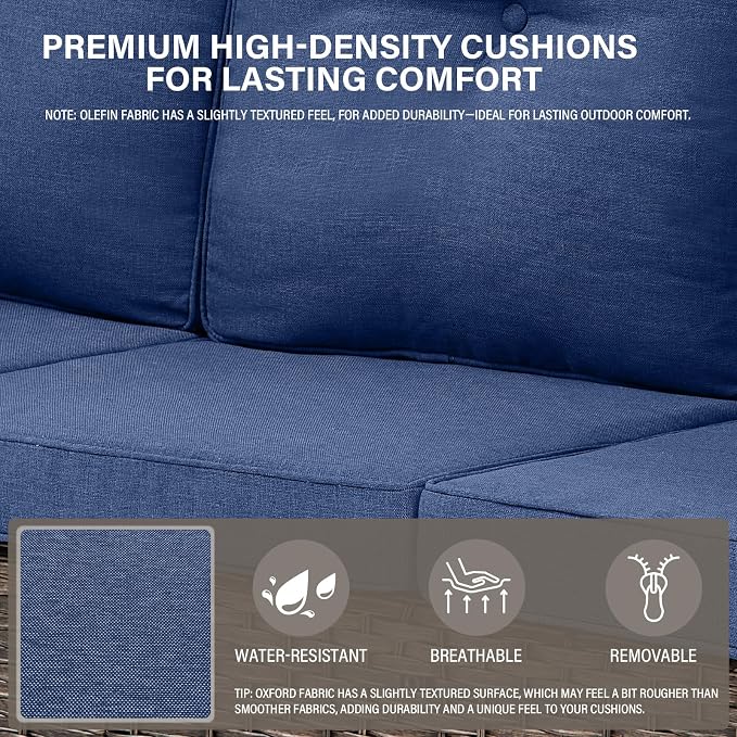 Belord Wicker Outdoor Furniture Set - 7 Piece Patio Conversation Sets with Comfort Swivel Rocker Glider Patio Chairs Set of 2 and Rattan Sofa,Tempered Glass Coffee Table and Side Table,Brown/Blue