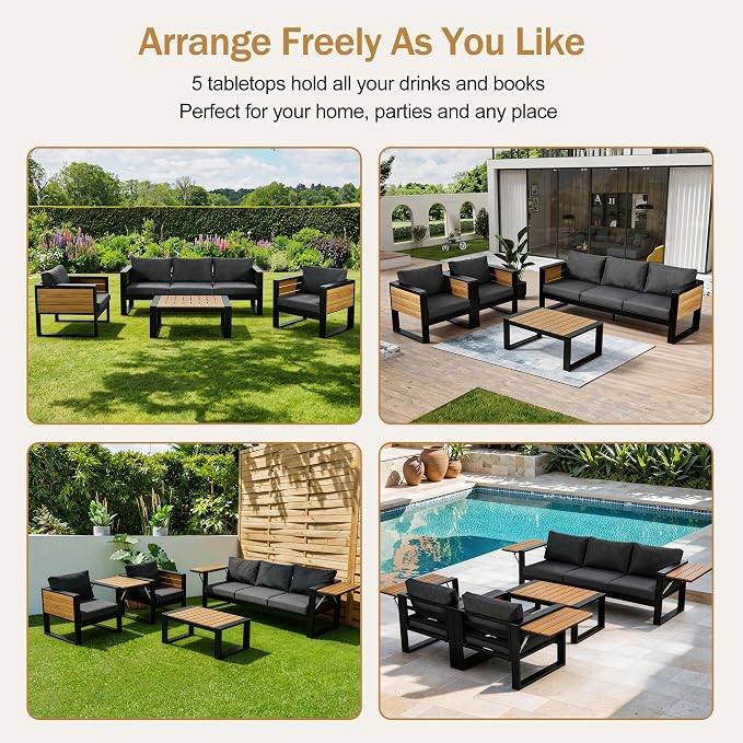 4-Piece Outdoor Patio Furniture Set,Conversation set for 5 Person, 3-Seater Sofa, 2 Armchairs with Fold-Out Side Tables, Aluminum Frame & Plastic-Wood , Modern Garden/Patio Seating, Grey Cushions