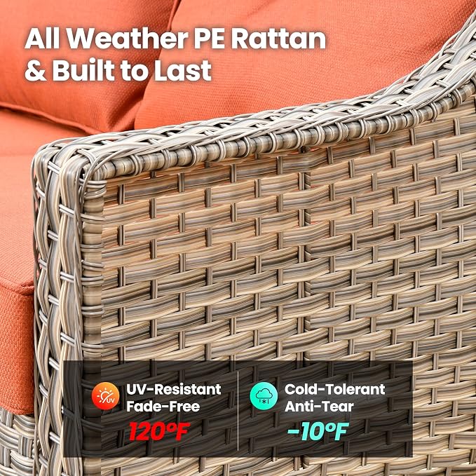10 Piece Patio Furniture Set with Fire Pit Table, Outdoor Wicker High Back Sofa and Swivel Rocker Chairs Set of 4 with Ottoman, Large Conversation Sets for Backyard Deck Garden, Bold Orange