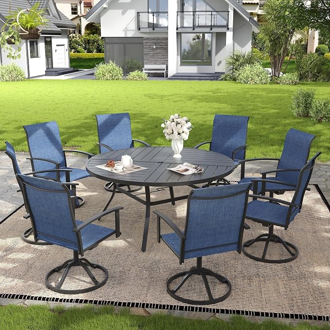 VICLLAX 9 Pieces Patio Outdoor Dining Set, 8 Swivel Textilene Chairs and 60" Round Metal Table with Umbrella Hole for Porch, Deck, Garden, Black/Dark Blue