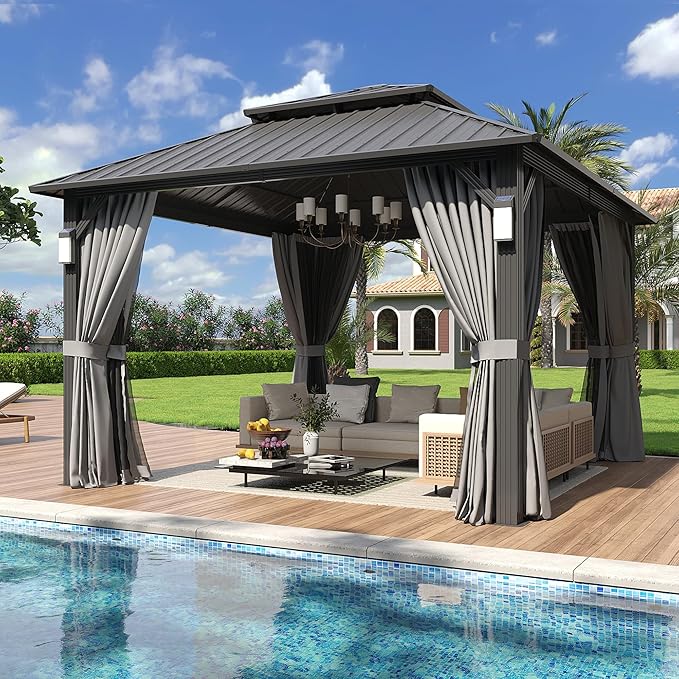 Aoxun 12'x12' Hardtop Gazebo with 4 LED Lights, Outdoor Gazebo with Galvanized Steel Double Roof, Patio Gazebo with Breathable Netting & Privacy Curtain, Decor Hooks for Backyard, Gray