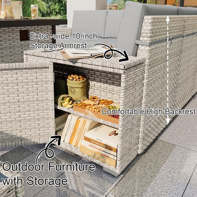 13-Piece Outdoor Patio Furniture Set, Rattan Wicker Conversation Set with Wide Armrests, Outdoor Modular Sectional Couch Seating Group Sofa with Fire Pit for Deck Garden Porch (Gray Cushions)