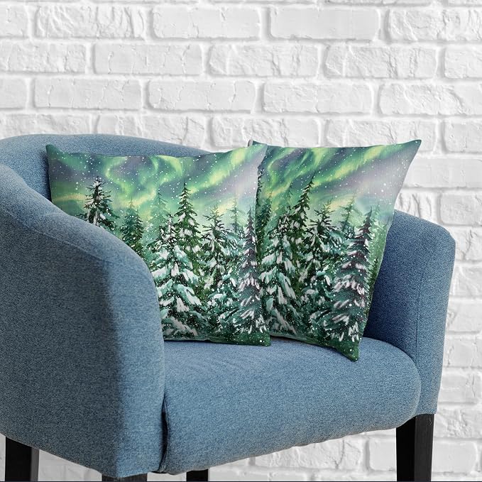 Winter Aurora Pillow Covers 16x16 Set of 2 Snowy Pine Tree Throw Pillow Covers Green Polar Light Forest Pillow Case Double Sided Printing Cushion Case for Home Decor Couch Sofa