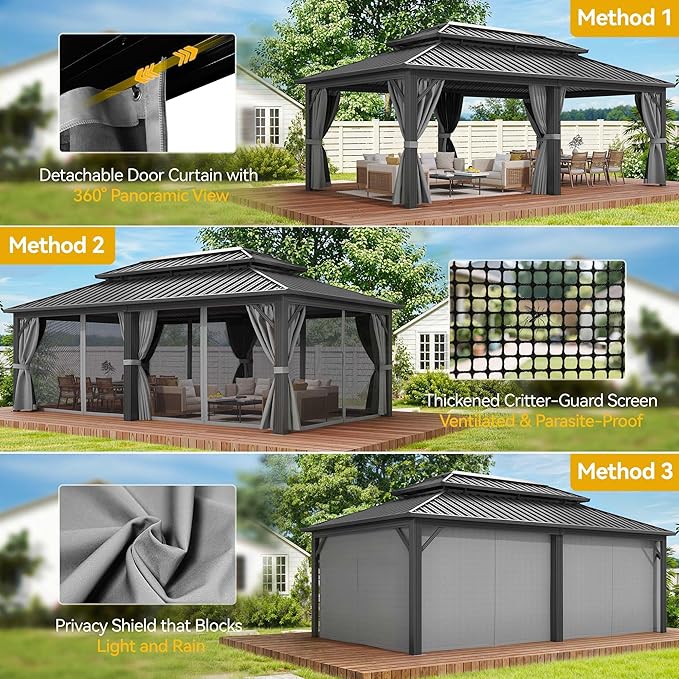 DWVO 12x20ft Hardtop Gazebo Double Roof with Nettings and Curtains, Heavy Duty Galvanized Steel Outdoor Vertical Stripes Roof for Patio, Backyard, Deck, Lawns, Gray
