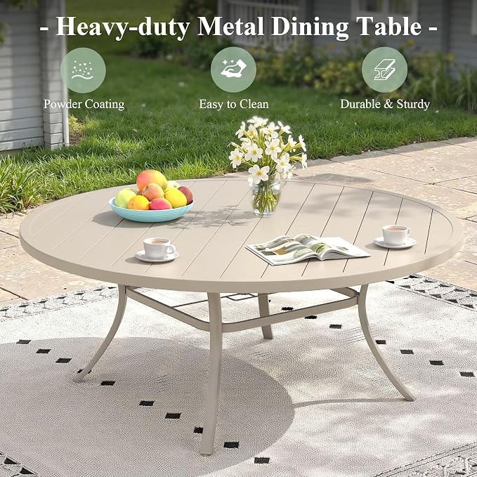 Outdoor Dining Set for 8, 63" Metal Round Outdoor Dining Table with Umbrella Hole and Sling Patio Swivel Chairs, 9 Pieces Patio Table and Chairs Set for Garden Backyard, Sandshell