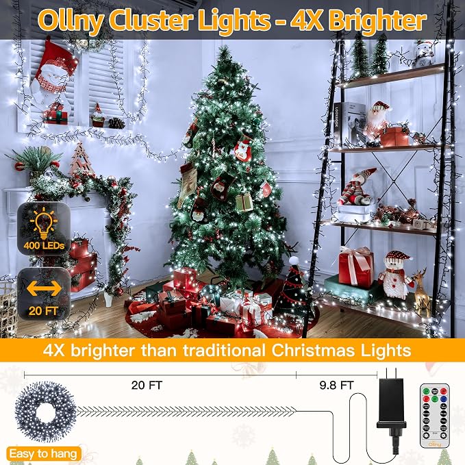 Ollny Cluster Lights Christmas 400LED 20FT, Cool White Christmas Tree Lights 8 Modes Timer Remote, Waterproof Connectable String Lights for Outdoor Indoor Outside Garland Xmas Decorations