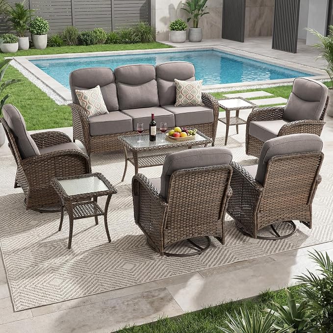 Outdoor Swivel Rocking Chair Patio Set (8-Piece), High-Back - Thick Cushion Swivel Rocking Chair Patio Set, All-Weather Wicker Patio Furniture Set, Suitable for Balcony Patios, Brown/Gery